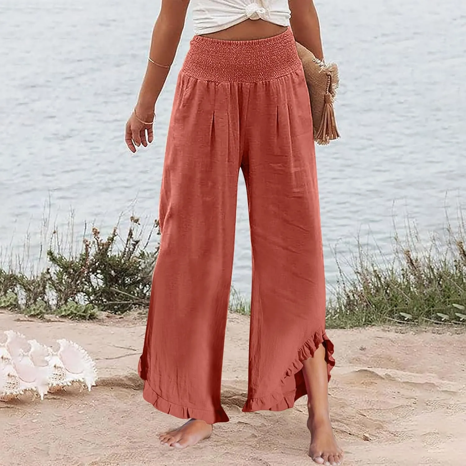 Capri Pants for Women,Linen Pants Women Wide Leg Summer Flowy Stretchy Womens Palazzo Sweatpants Elastic Waist