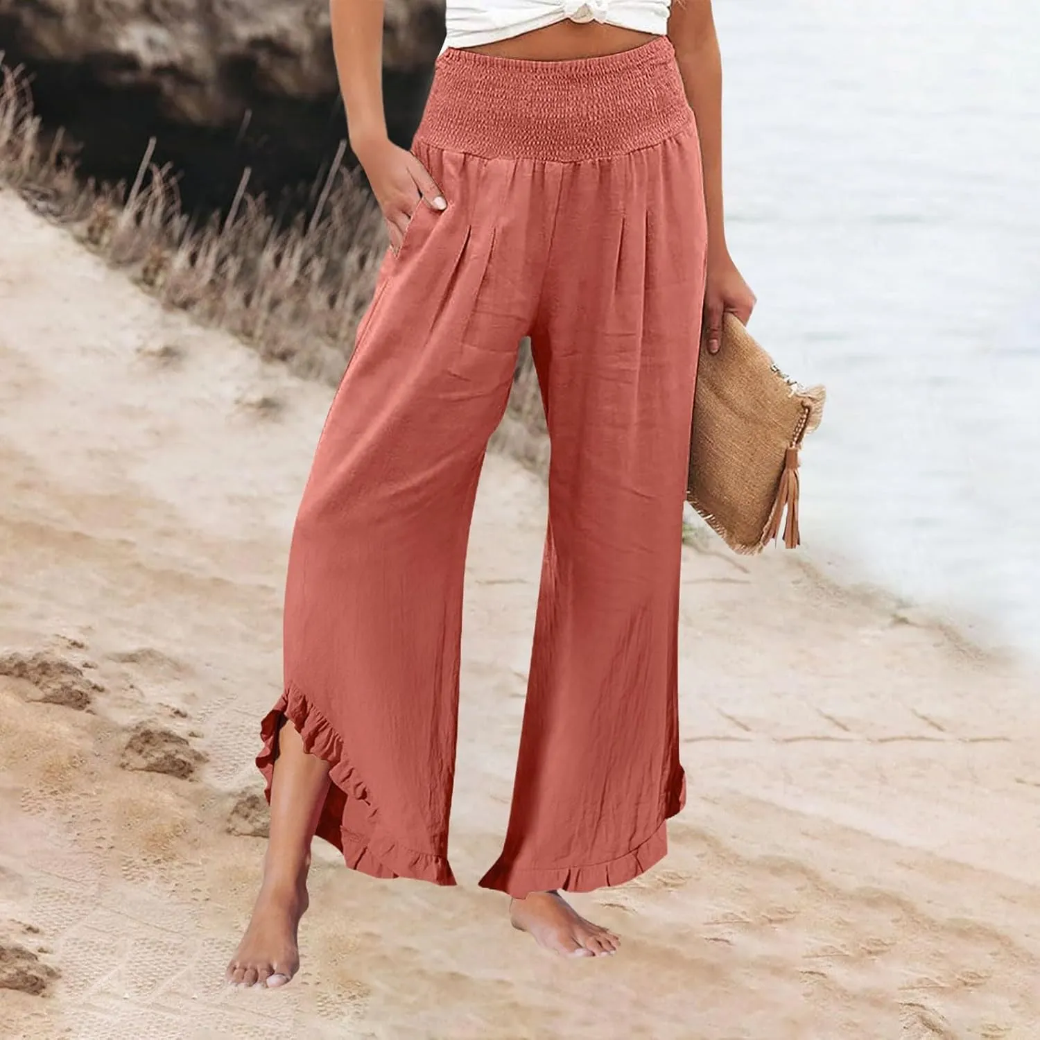Capri Pants for Women,Linen Pants Women Wide Leg Summer Flowy Stretchy Womens Palazzo Sweatpants Elastic Waist