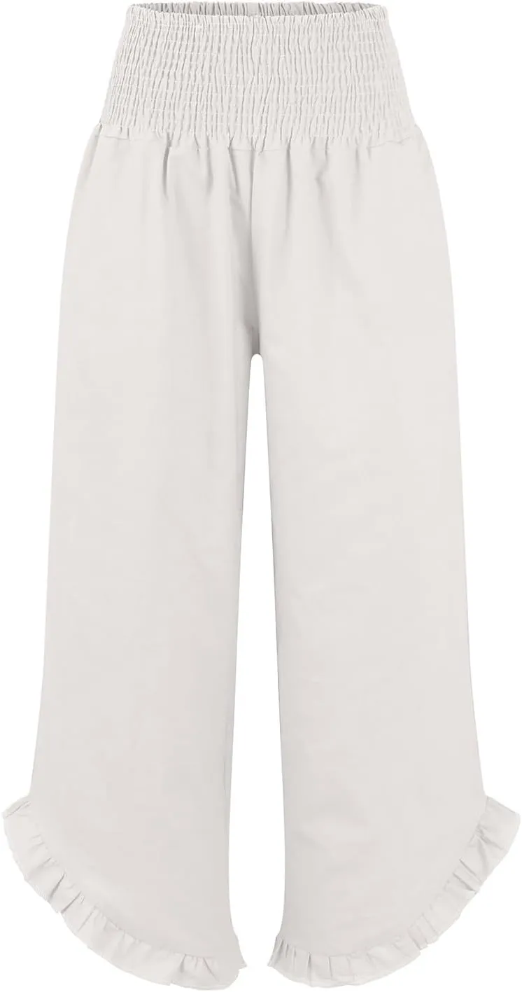 Capri Pants for Women,Linen Pants Women Wide Leg Summer Flowy Stretchy Womens Palazzo Sweatpants Elastic Waist