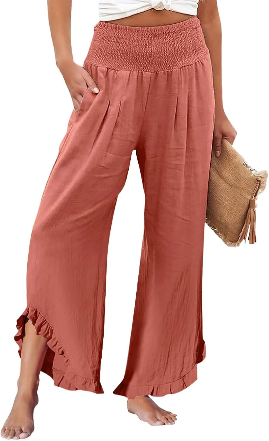 Capri Pants for Women,Linen Pants Women Wide Leg Summer Flowy Stretchy Womens Palazzo Sweatpants Elastic Waist