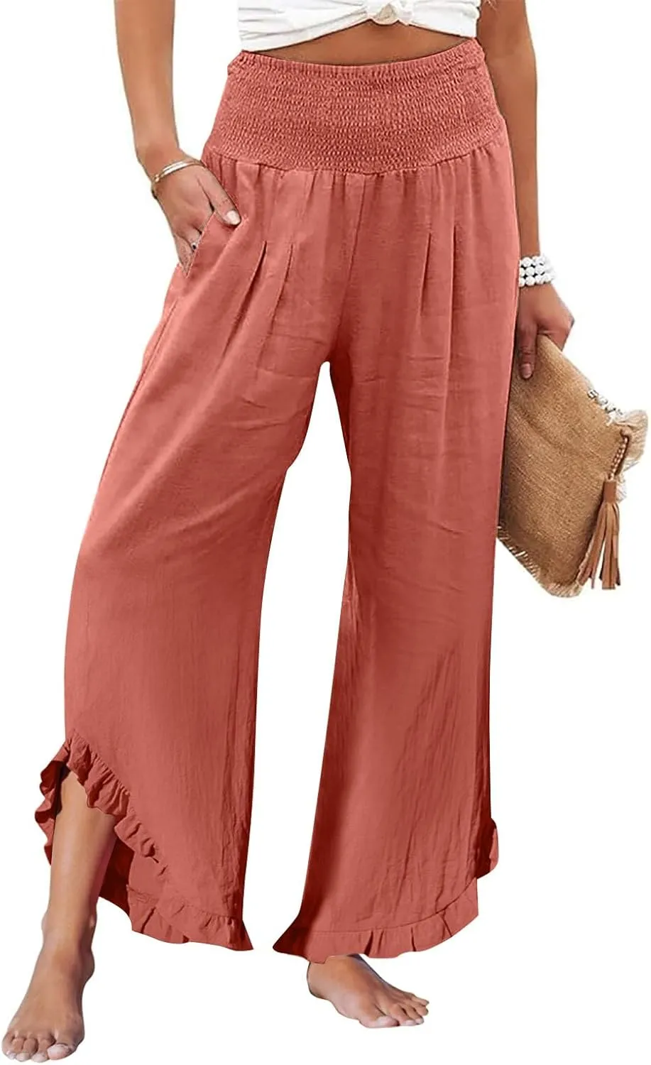 Capri Pants for Women,Linen Pants Women Wide Leg Summer Flowy Stretchy Womens Palazzo Sweatpants Elastic Waist