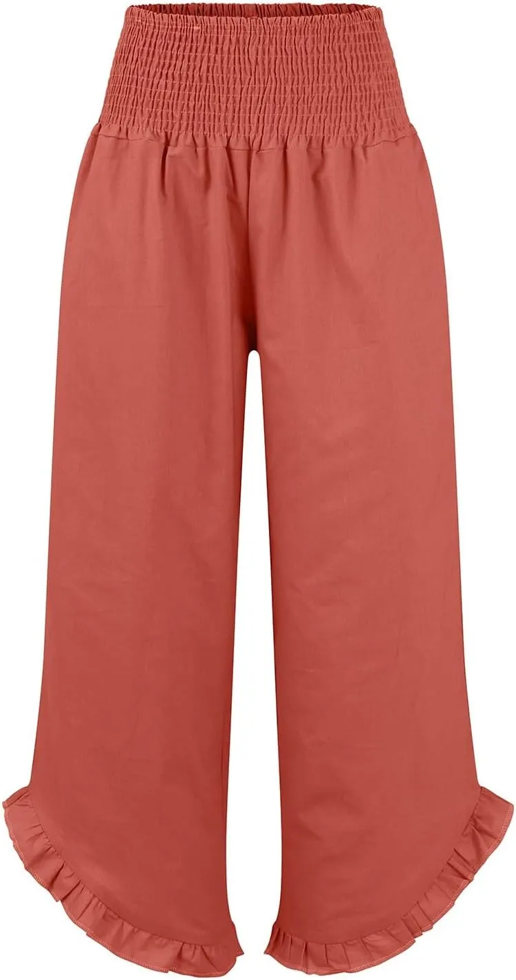 Capri Pants for Women,Linen Pants Women Wide Leg Summer Flowy Stretchy Womens Palazzo Sweatpants Elastic Waist