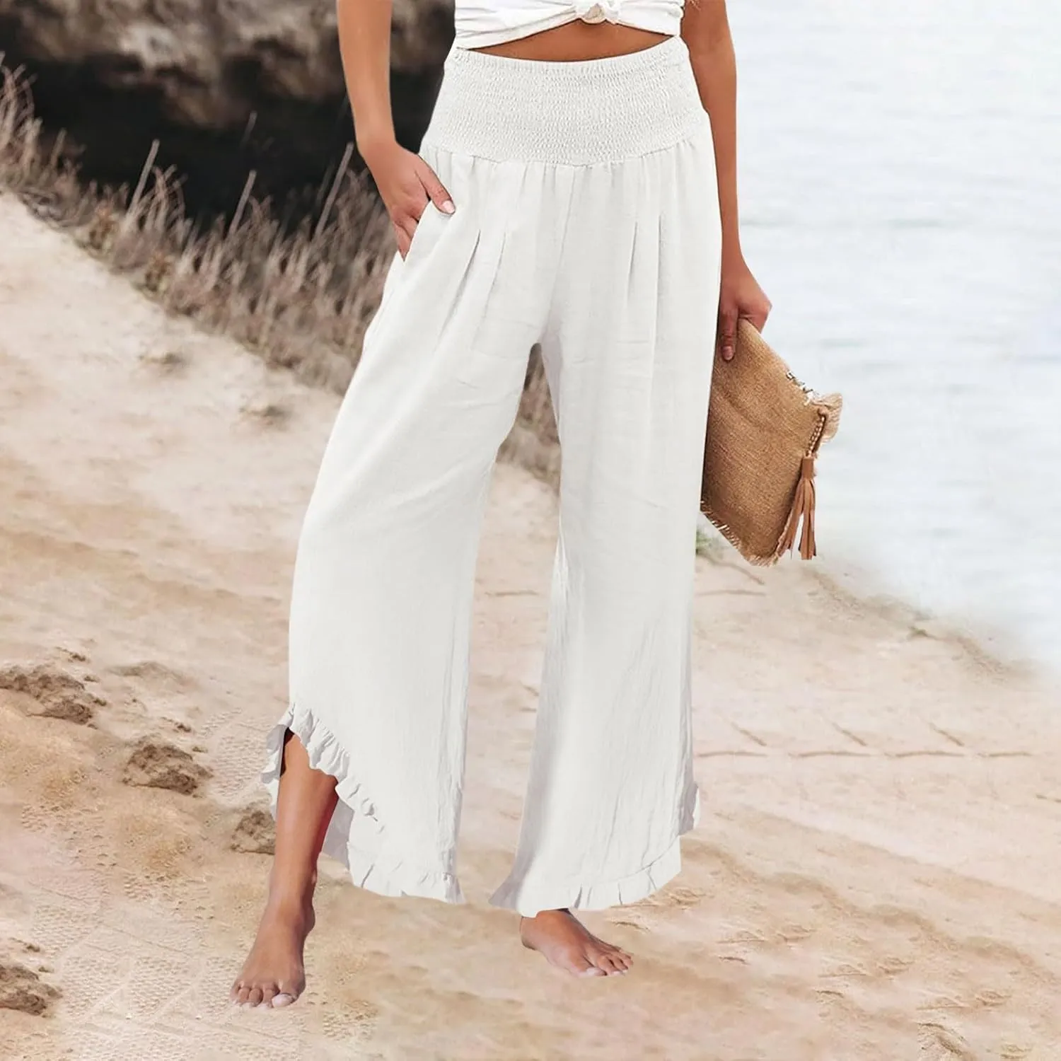Capri Pants for Women,Linen Pants Women Wide Leg Summer Flowy Stretchy Womens Palazzo Sweatpants Elastic Waist