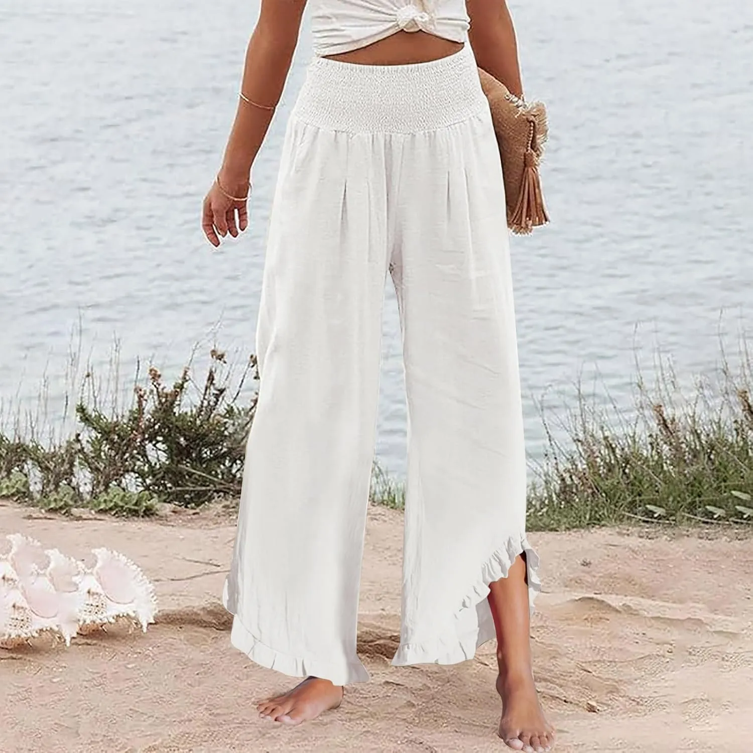 Capri Pants for Women,Linen Pants Women Wide Leg Summer Flowy Stretchy Womens Palazzo Sweatpants Elastic Waist