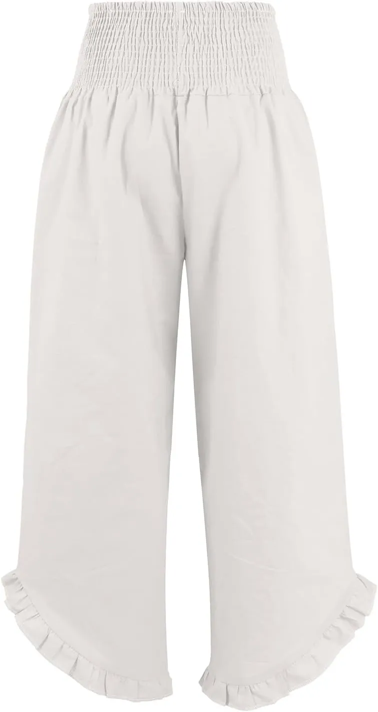 Capri Pants for Women,Linen Pants Women Wide Leg Summer Flowy Stretchy Womens Palazzo Sweatpants Elastic Waist