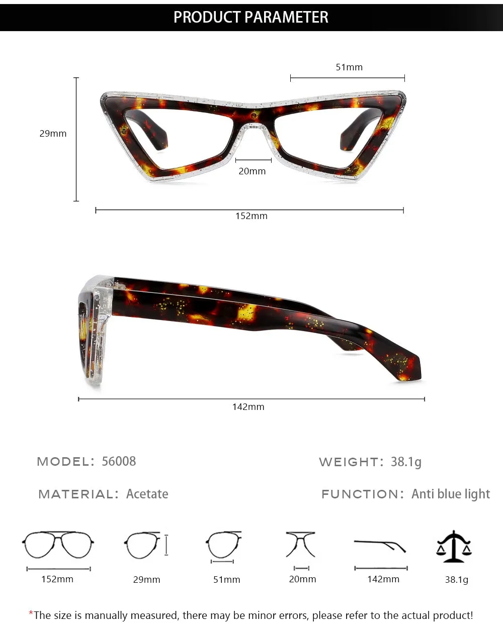 CCspace Unisex Full Rim Big Square Cat Eye Acetate Eyeglasses 56008