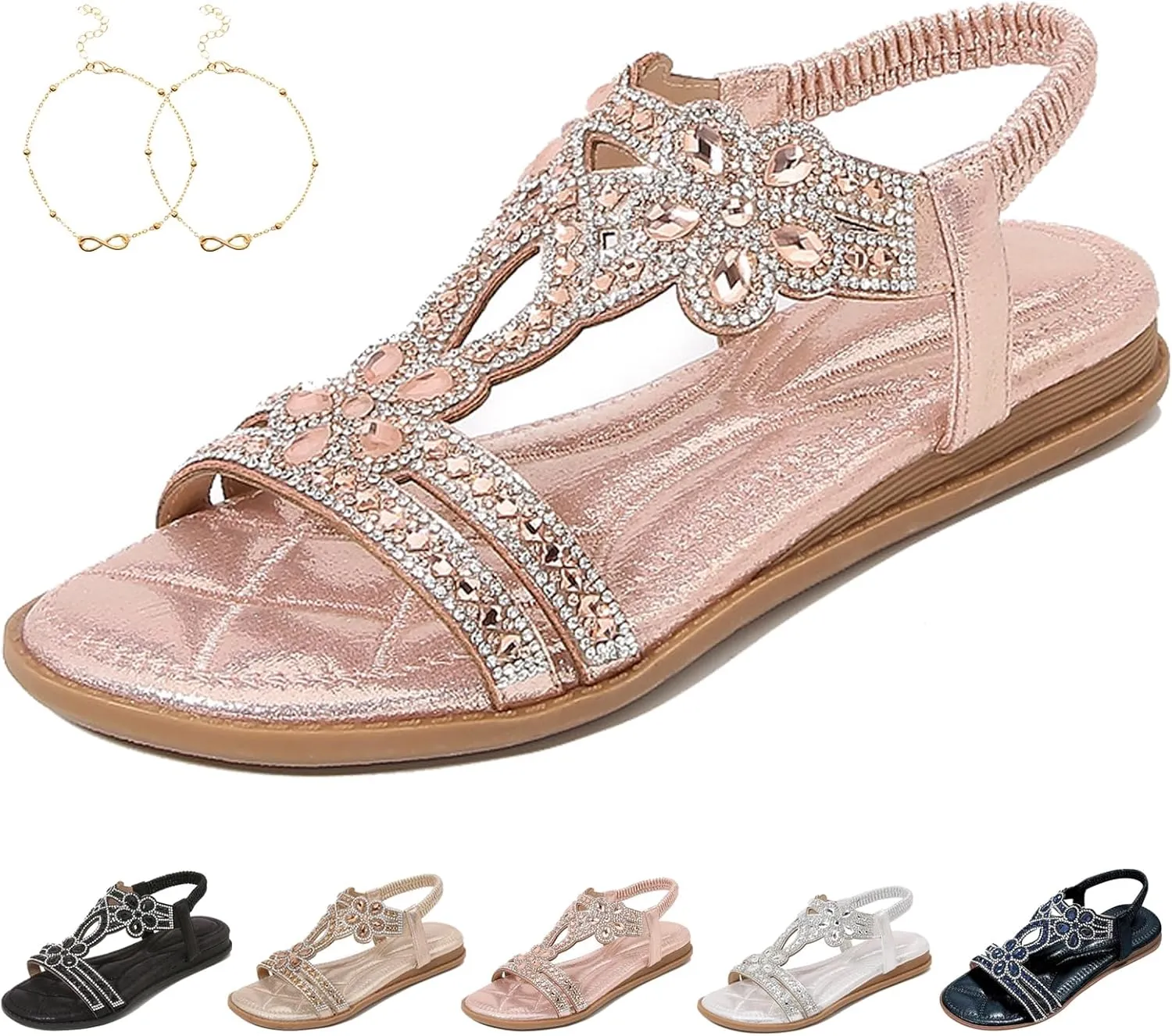 Chic Floral Rhinestone Flat Sandals, Women's T-Strap Beaded Flower Rhinestone flat sandals, flat Sandal With Rhinestones for Women, Women's Wide Width Comfort Walking Beach Shoes