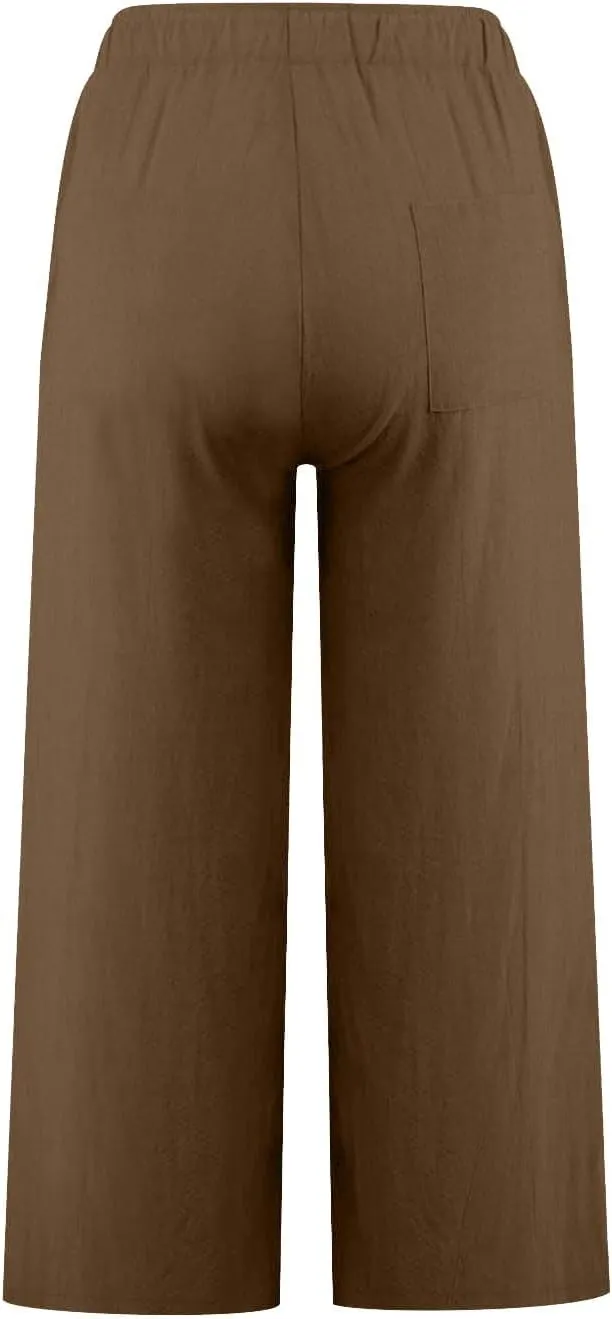 Cropped Cotton Linen Trousers Women Plain Straight Leg Capri Pants Summer Baggy Pant Casual Bottoms with Pockets S-3XL