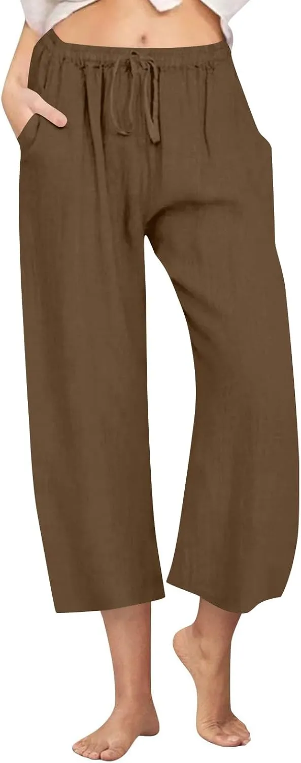 Cropped Cotton Linen Trousers Women Plain Straight Leg Capri Pants Summer Baggy Pant Casual Bottoms with Pockets S-3XL