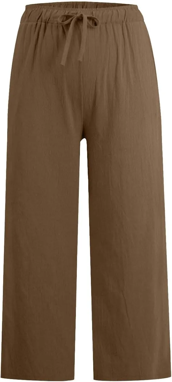 Cropped Cotton Linen Trousers Women Plain Straight Leg Capri Pants Summer Baggy Pant Casual Bottoms with Pockets S-3XL