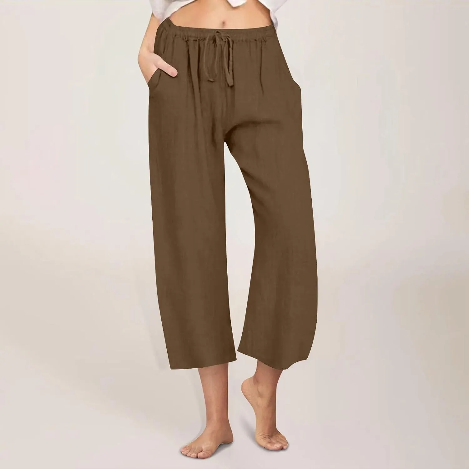 Cropped Cotton Linen Trousers Women Plain Straight Leg Capri Pants Summer Baggy Pant Casual Bottoms with Pockets S-3XL