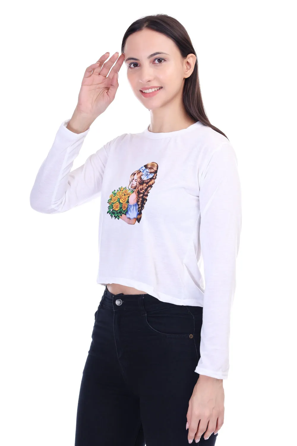 DK FASHION Trendy Women's Full T-Shirt in Soft Cotton Blend Full White Dollflower Print T-Shirt