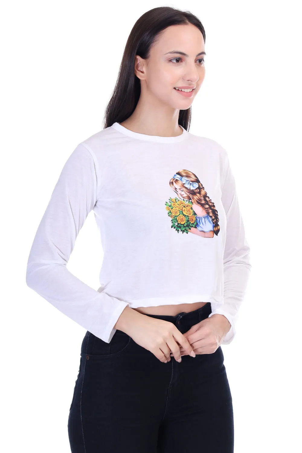 DK FASHION Trendy Women's Full T-Shirt in Soft Cotton Blend Full White Dollflower Print T-Shirt