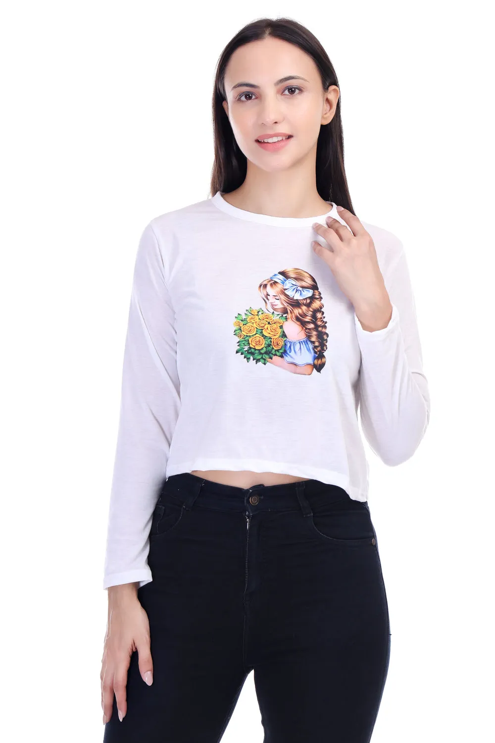 DK FASHION Trendy Women's Full T-Shirt in Soft Cotton Blend Full White Dollflower Print T-Shirt