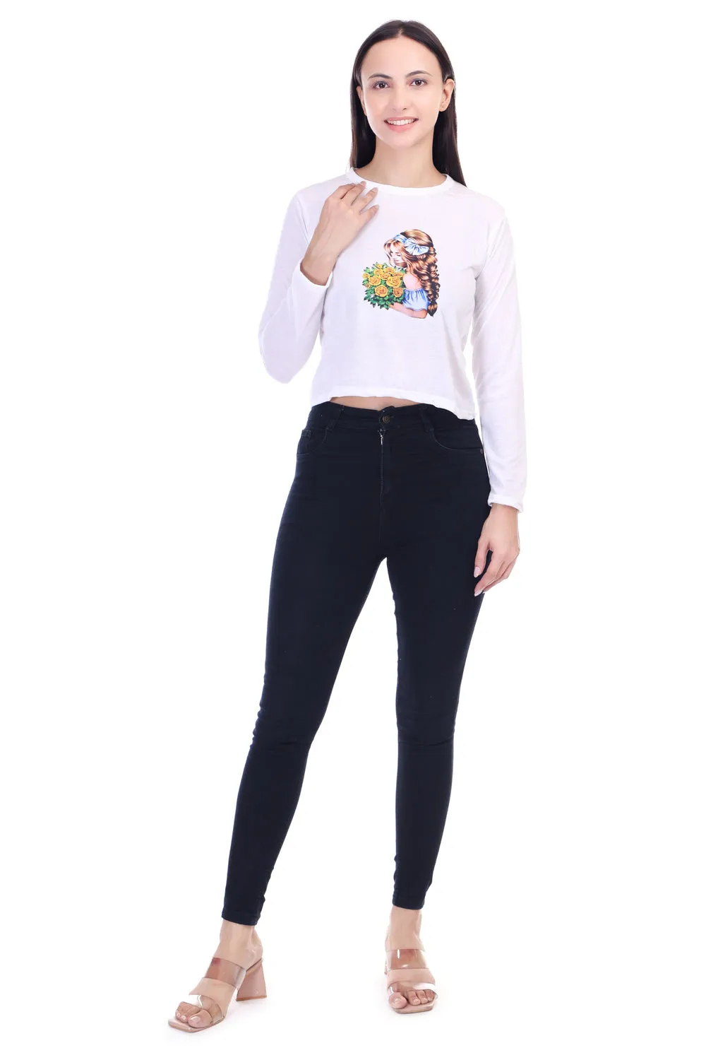 DK FASHION Trendy Women's Full T-Shirt in Soft Cotton Blend Full White Dollflower Print T-Shirt