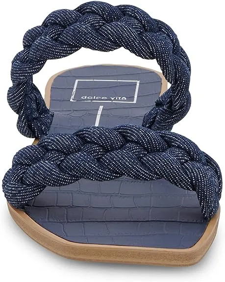Dolce Vita Indy Indigo Denim Slip On Open Square Toe Woven Straps Flat Sandals