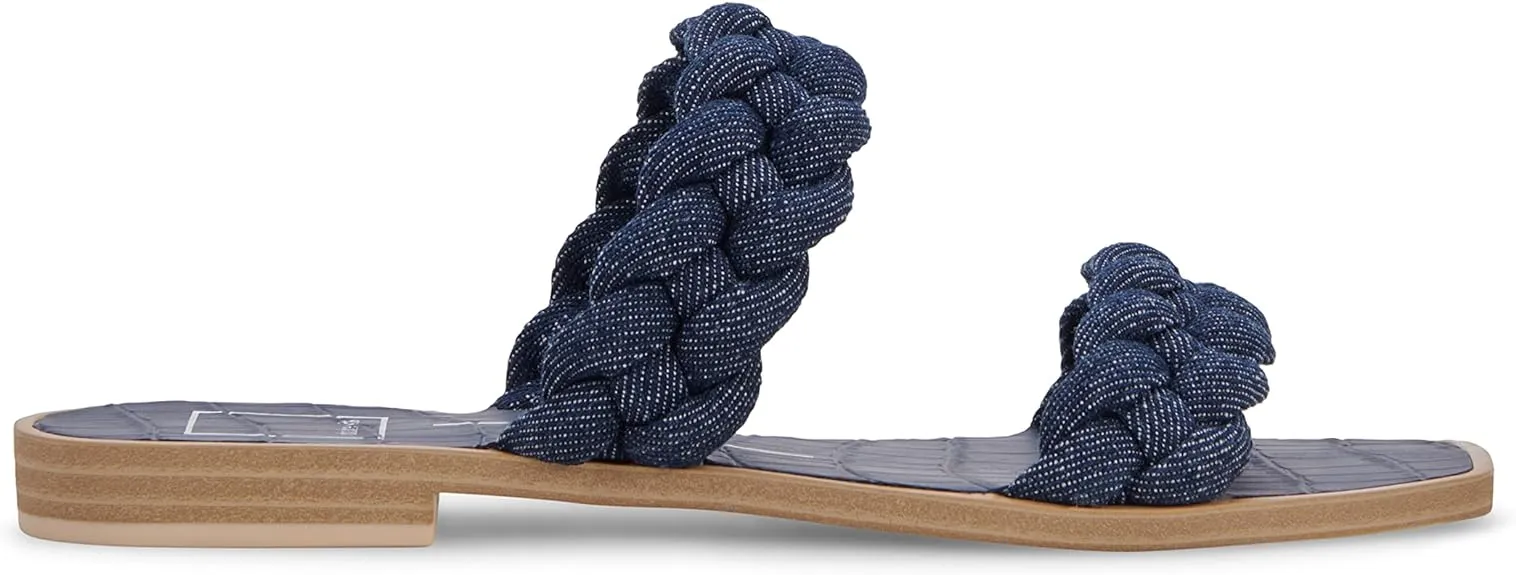 Dolce Vita Indy Indigo Denim Slip On Open Square Toe Woven Straps Flat Sandals