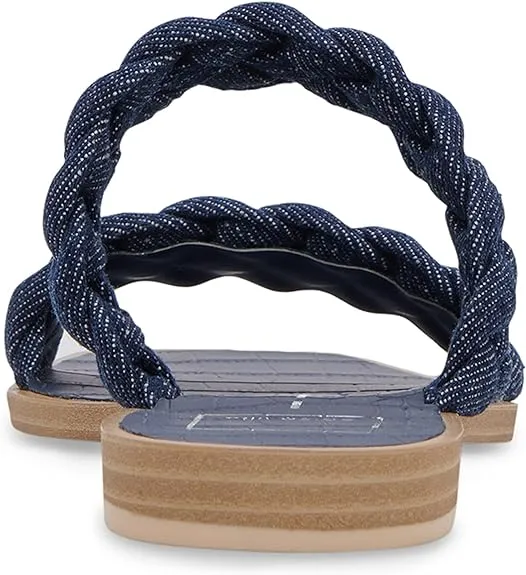 Dolce Vita Indy Indigo Denim Slip On Open Square Toe Woven Straps Flat Sandals