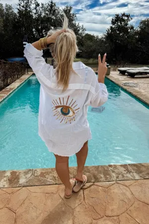 Evil Eye Beachy Button-Up | White