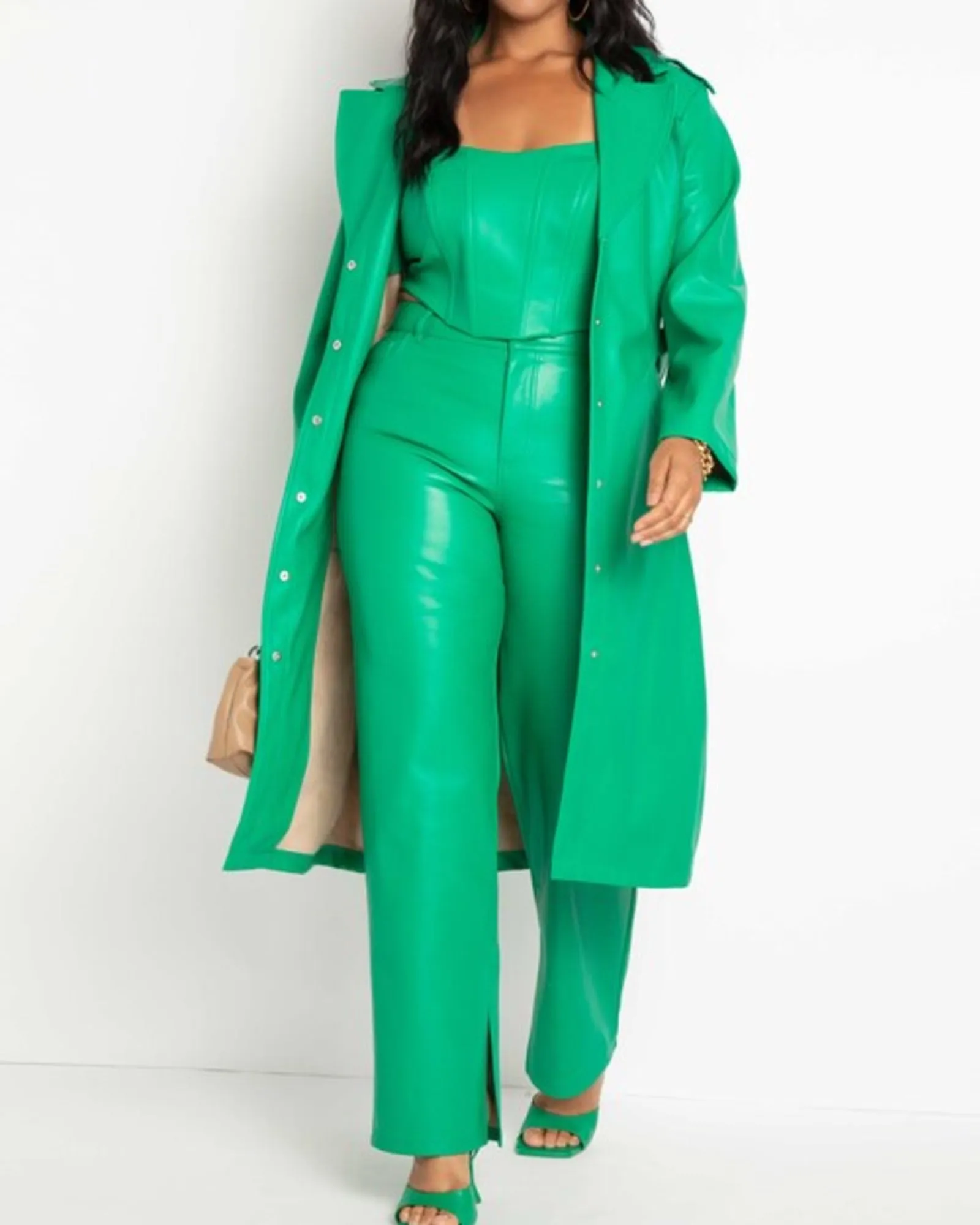 Greta Belted Faux Leather Coat | Jolly Green