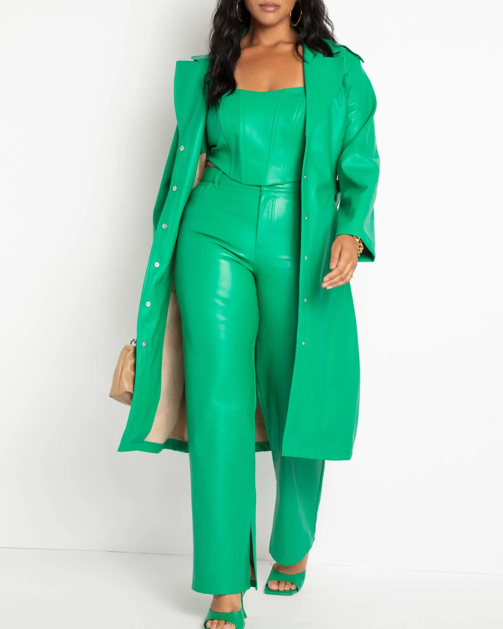 Greta Belted Faux Leather Coat | Jolly Green