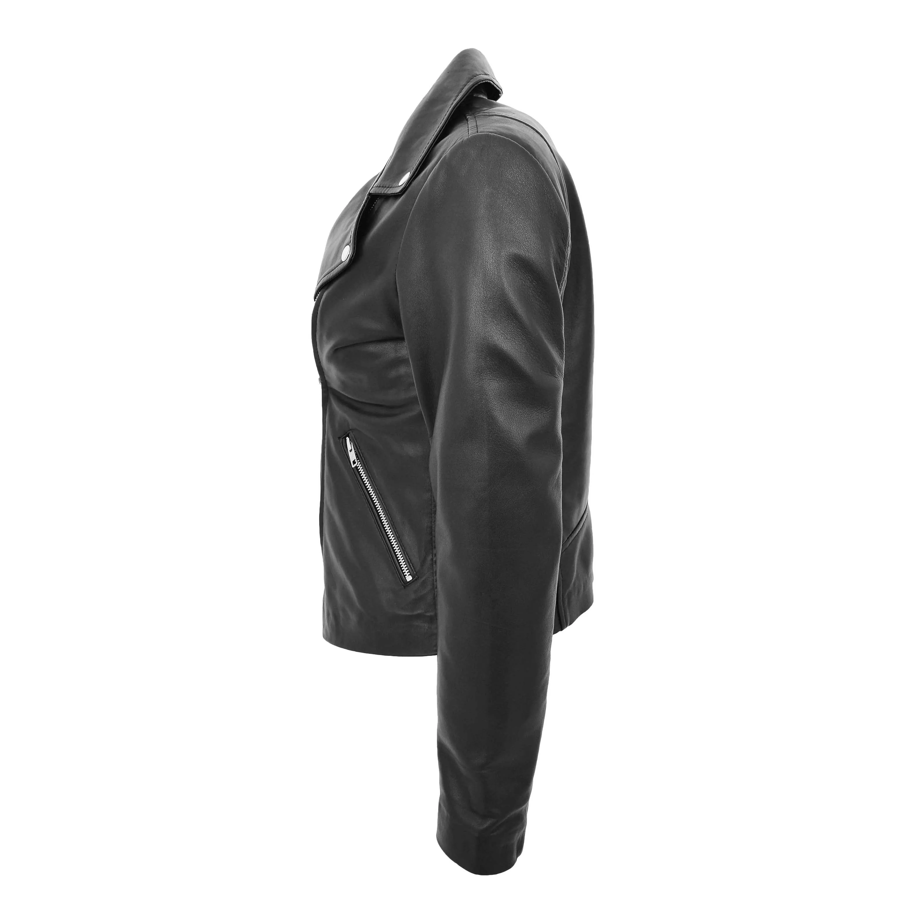 Ladies Real Leather Jacket Zip Fasten Fitted Biker Style Coat Sadie Black