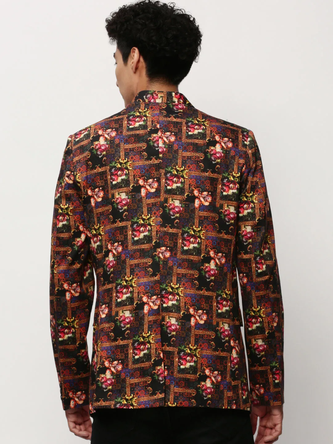 Men Black Floral Printed Bandhgala Blazer