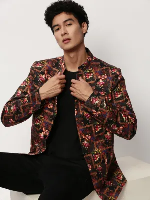 Men Black Floral Printed Bandhgala Blazer