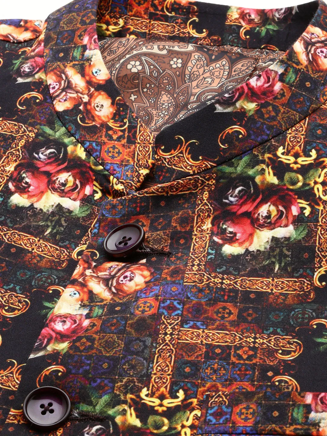 Men Black Floral Printed Bandhgala Blazer