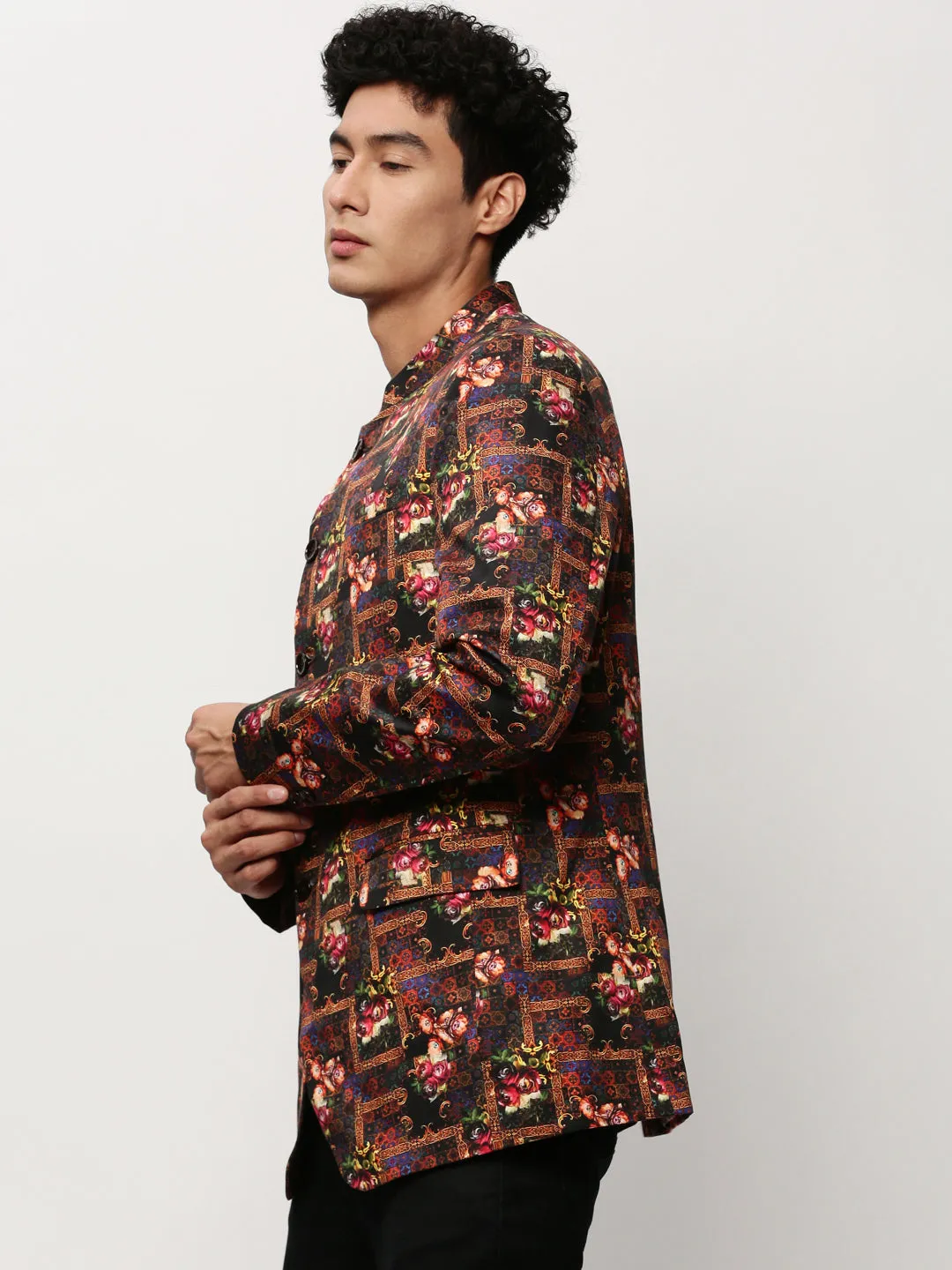 Men Black Floral Printed Bandhgala Blazer