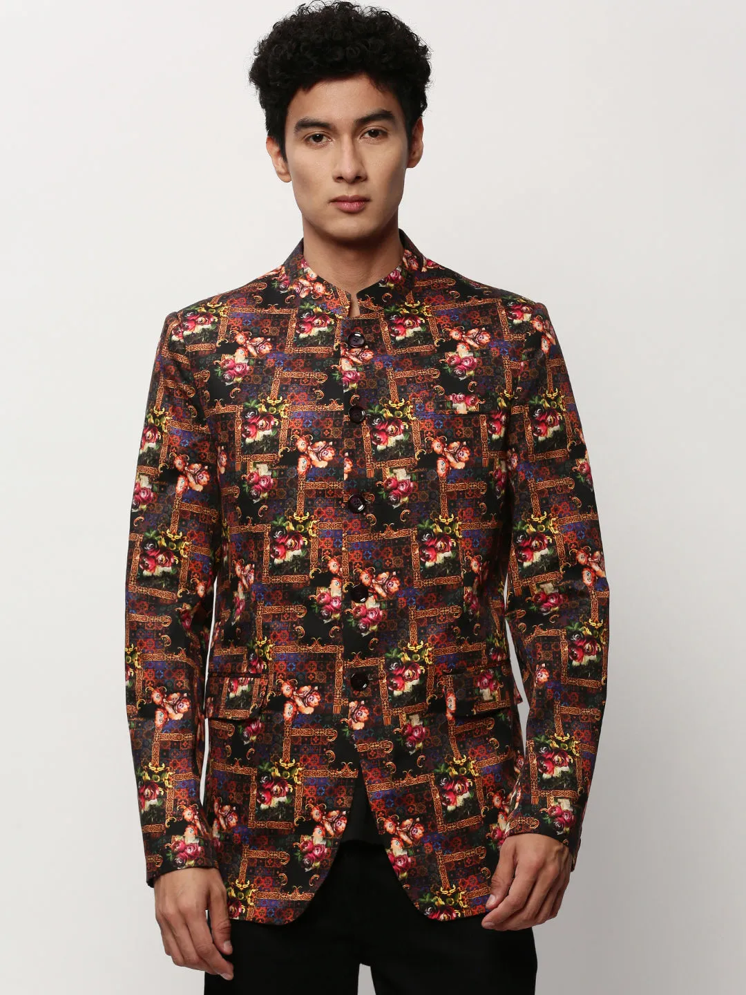 Men Black Floral Printed Bandhgala Blazer