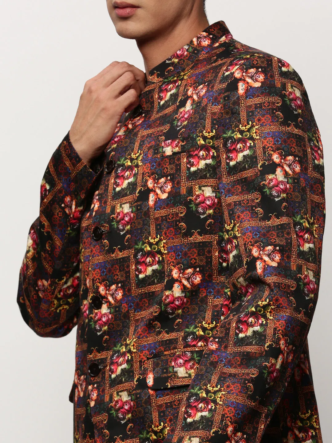 Men Black Floral Printed Bandhgala Blazer