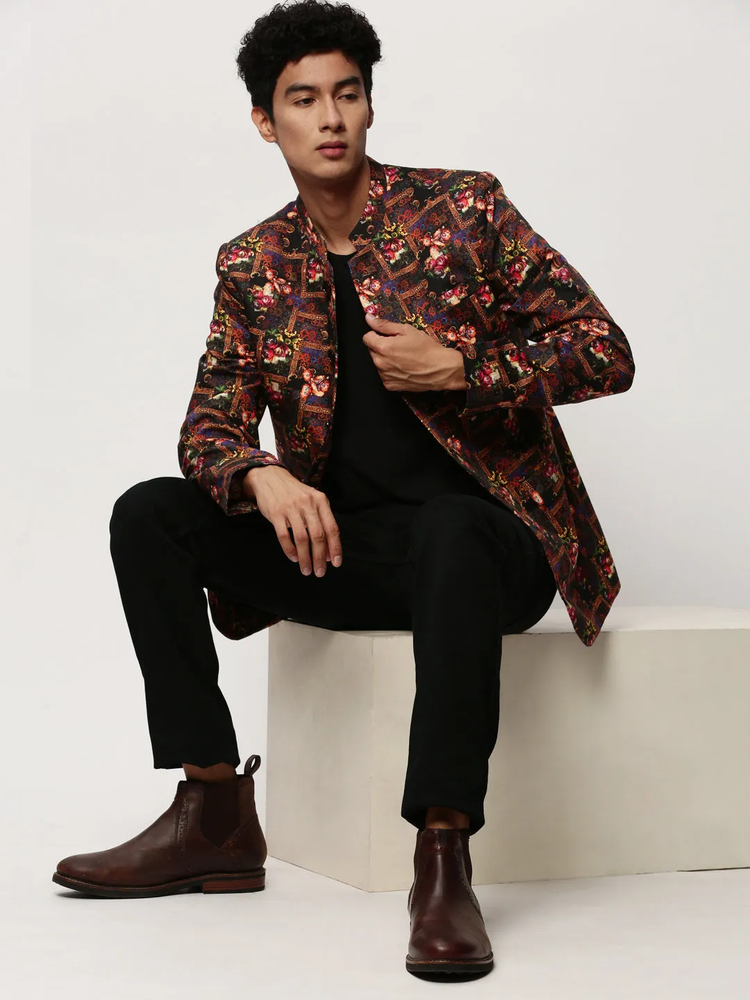 Men Black Floral Printed Bandhgala Blazer