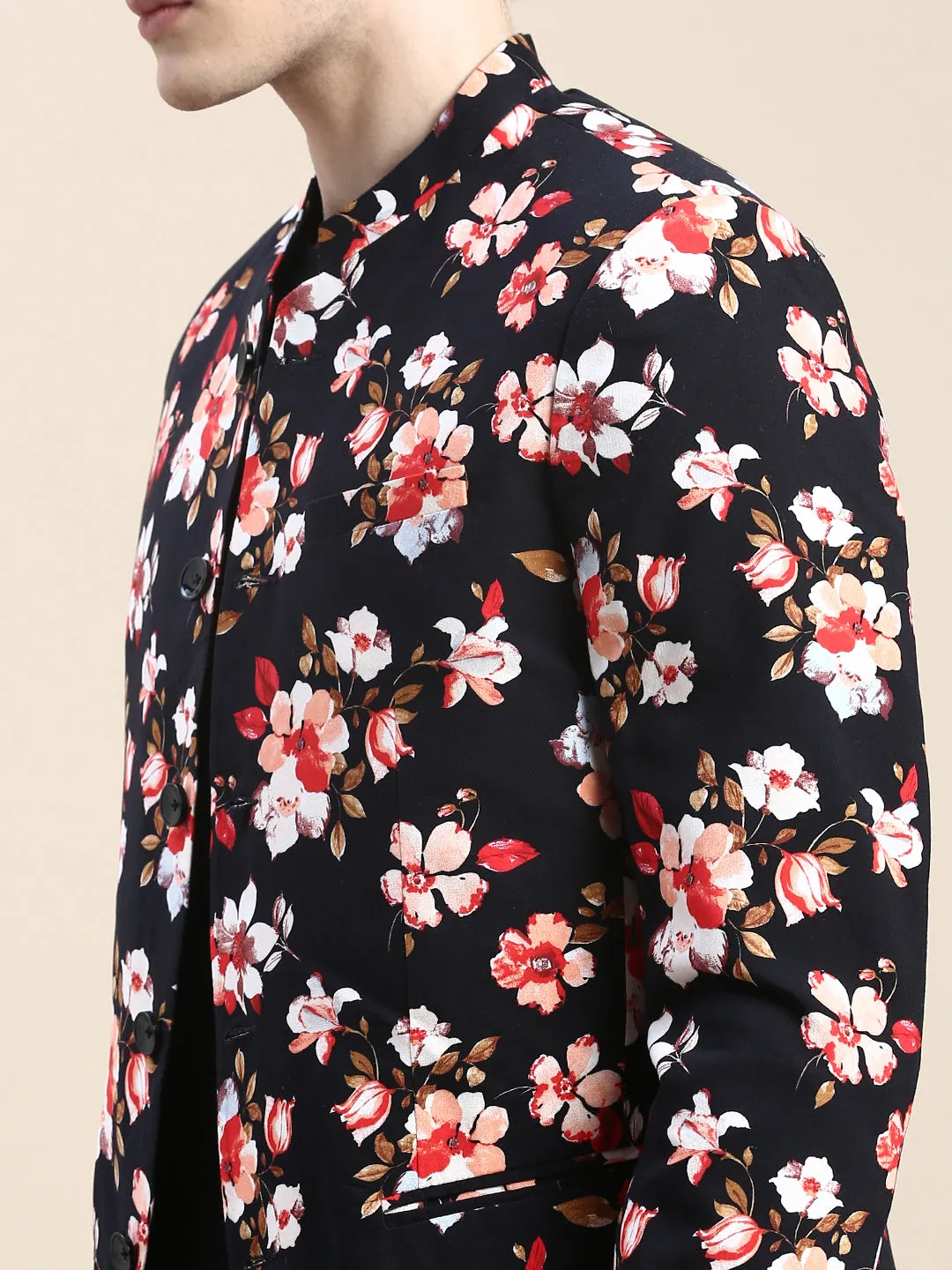 Men Black Floral Printed Slim-Fit Cotton Bandhgala Blazer