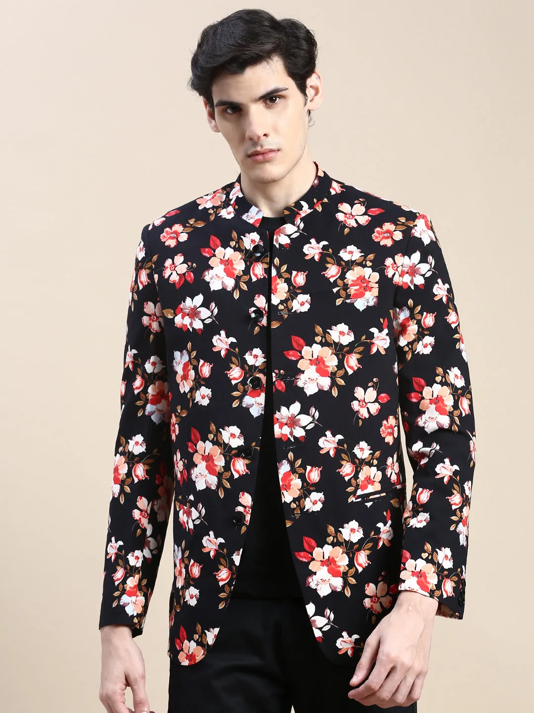 Men Black Floral Printed Slim-Fit Cotton Bandhgala Blazer