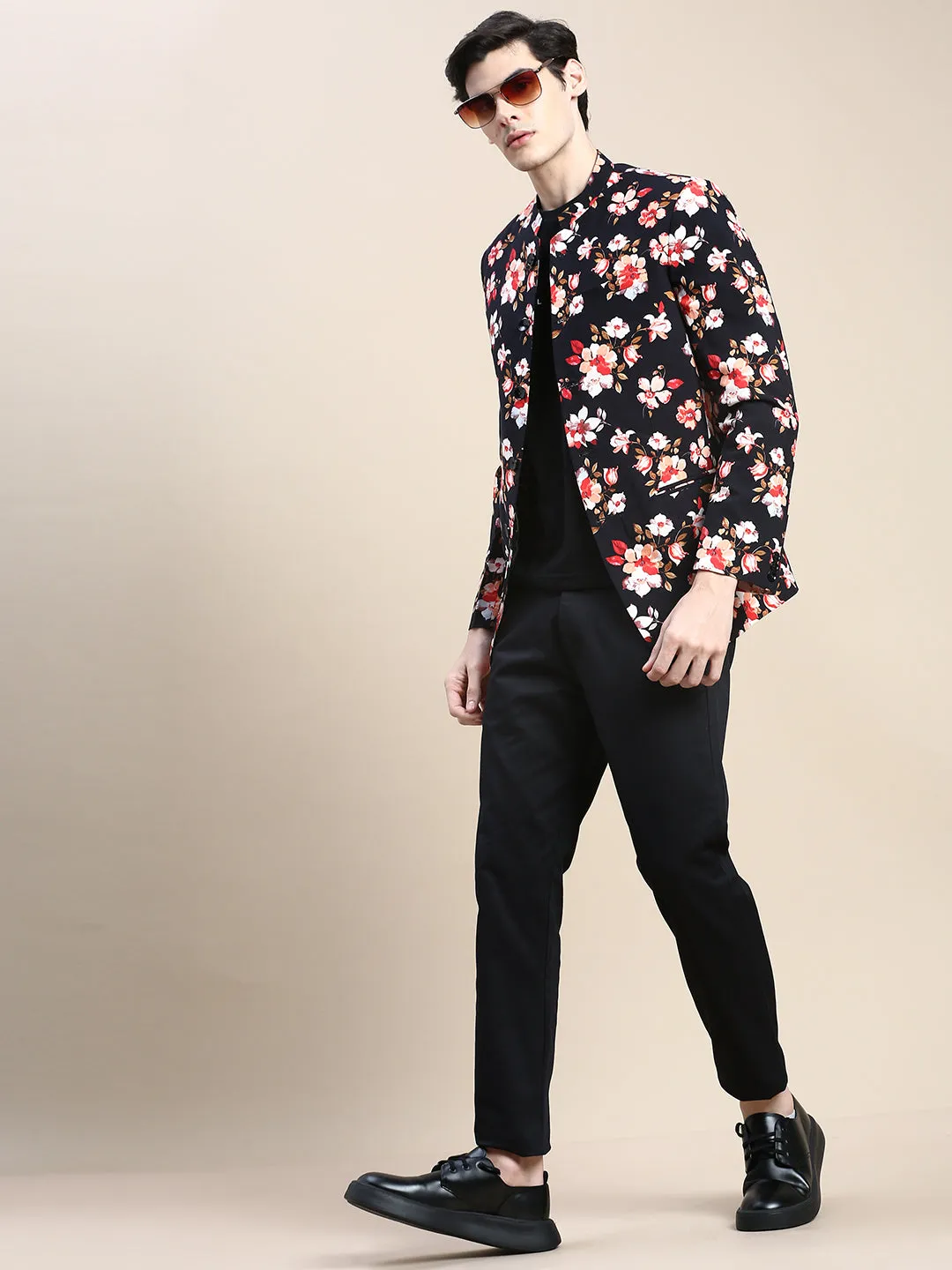 Men Black Floral Printed Slim-Fit Cotton Bandhgala Blazer