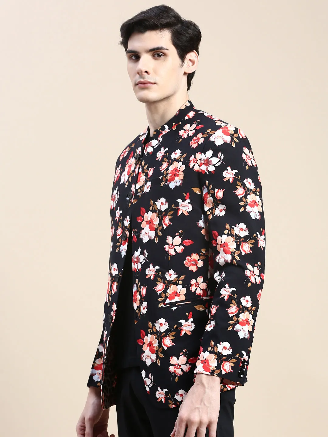 Men Black Floral Printed Slim-Fit Cotton Bandhgala Blazer