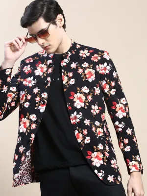 Men Black Floral Printed Slim-Fit Cotton Bandhgala Blazer