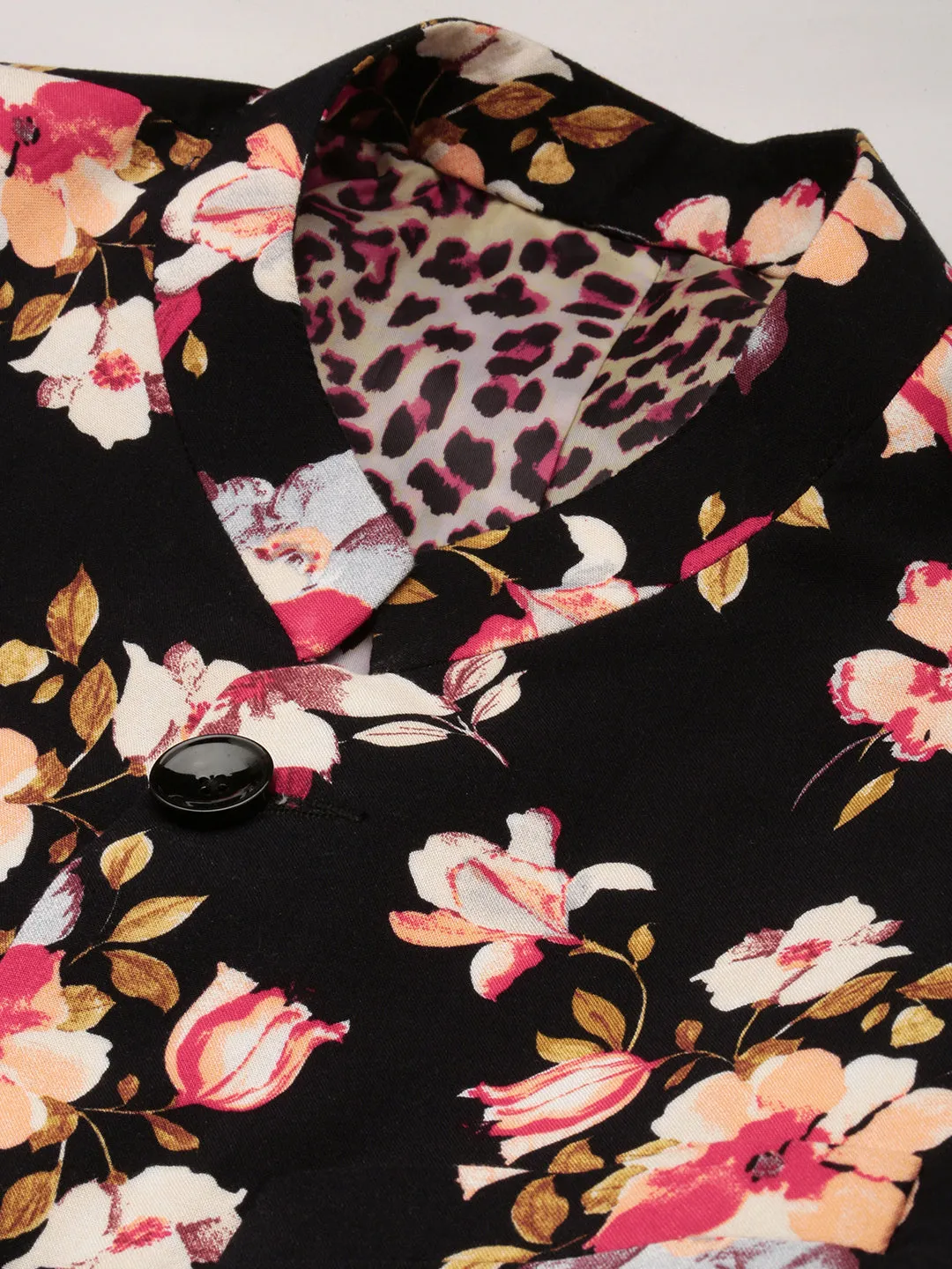 Men Black Floral Printed Slim-Fit Cotton Bandhgala Blazer