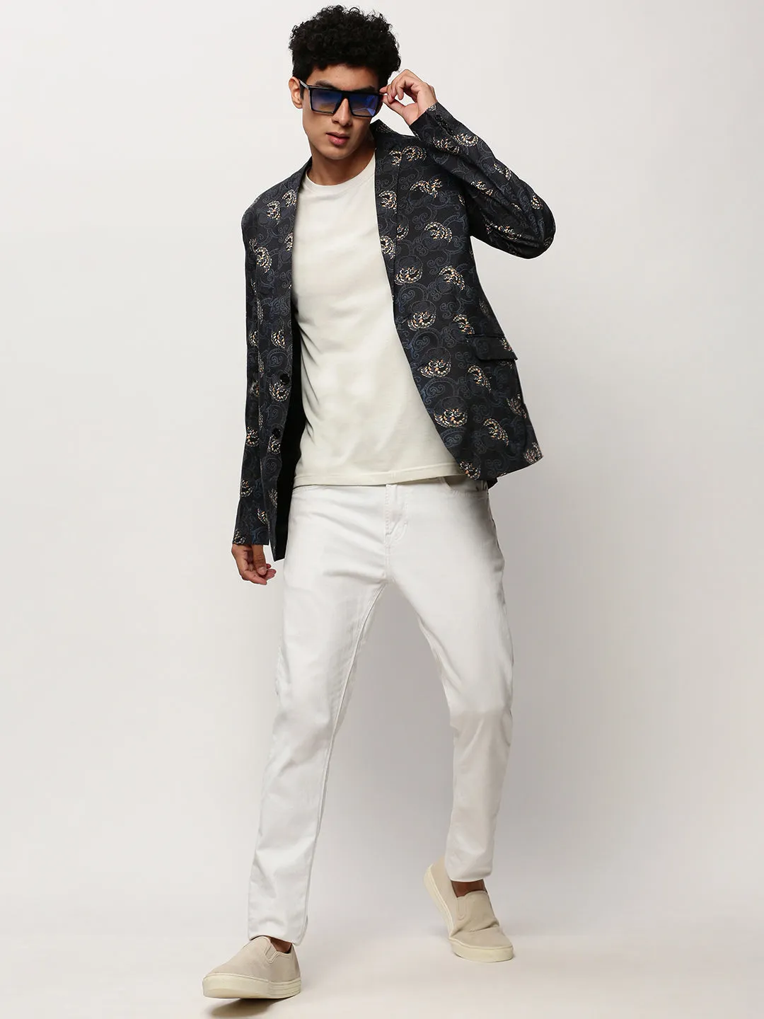 Men Black Printed Notched Lapel Single Breasted Blazer