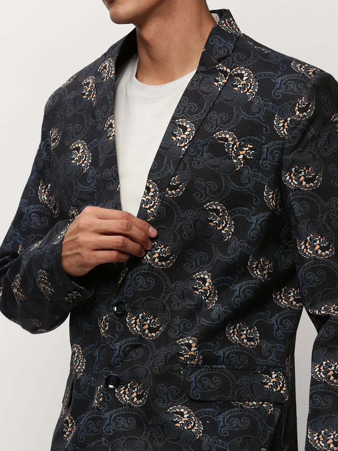 Men Black Printed Notched Lapel Single Breasted Blazer