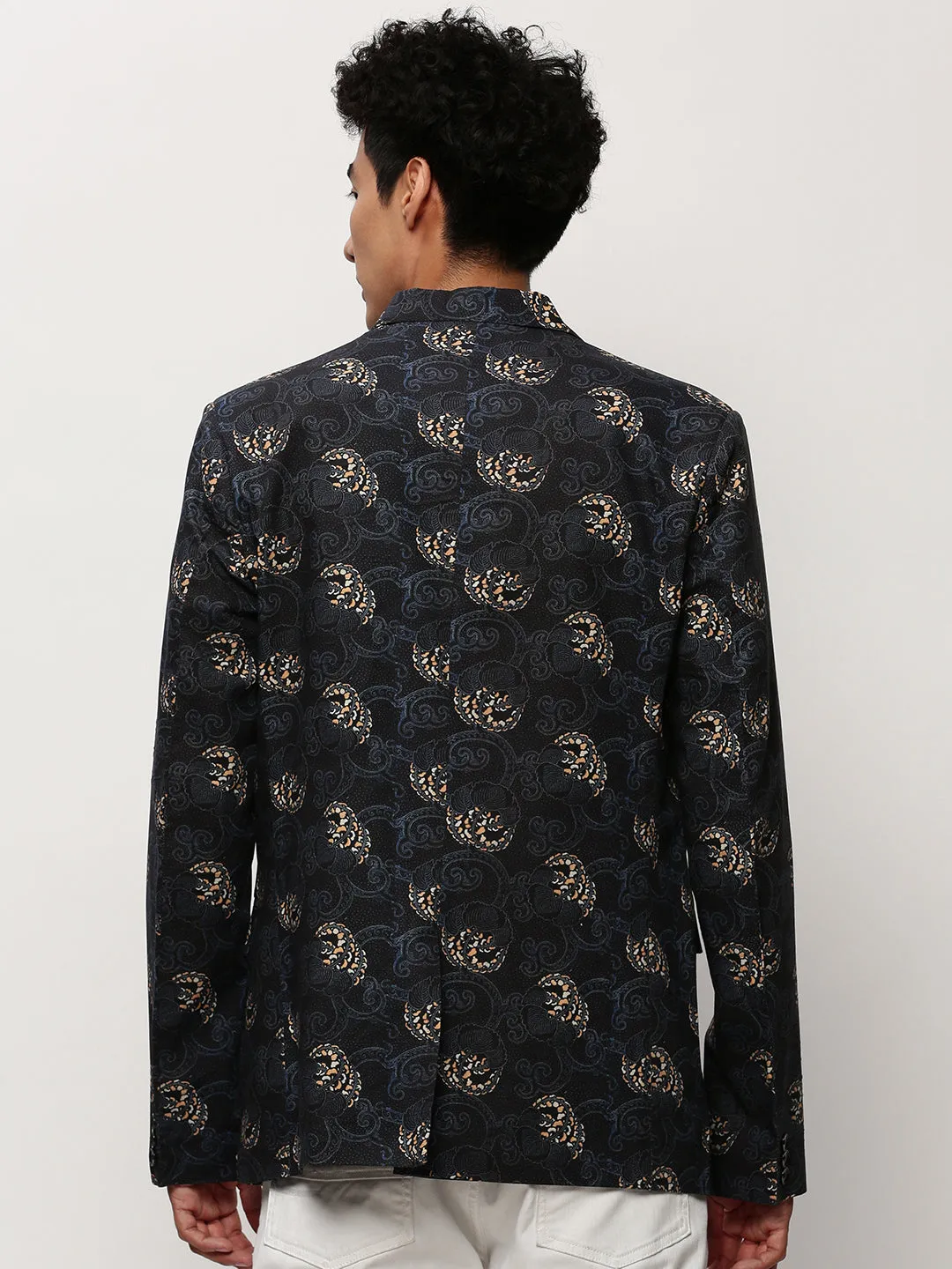 Men Black Printed Notched Lapel Single Breasted Blazer