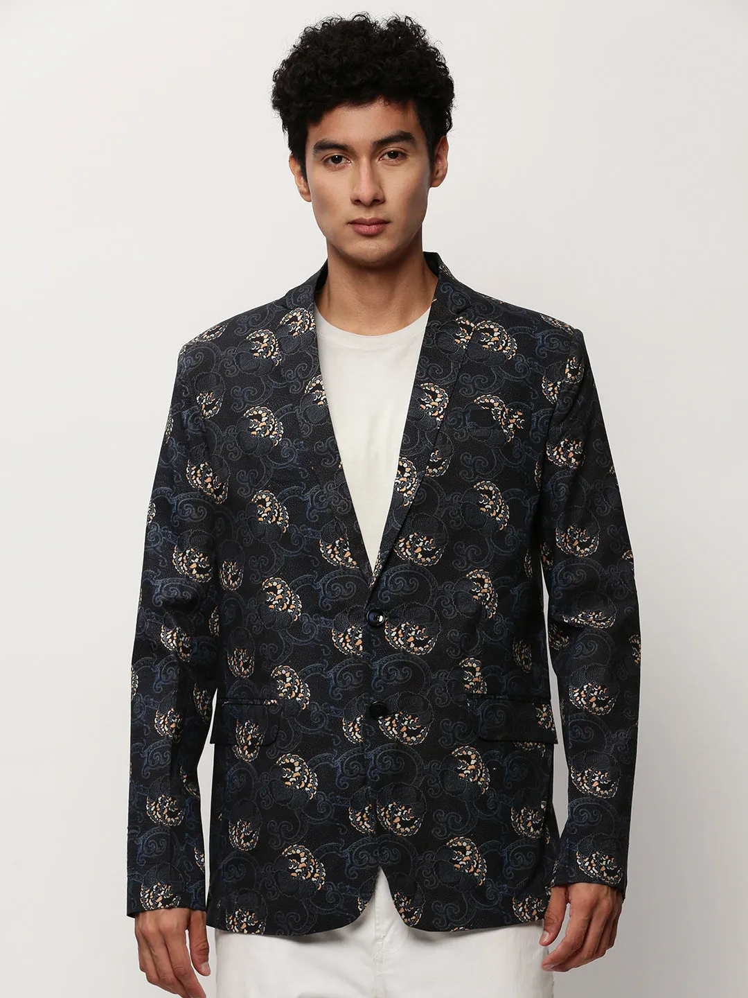 Men Black Printed Notched Lapel Single Breasted Blazer