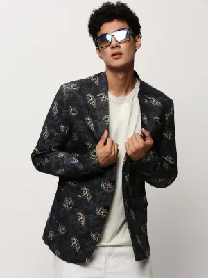 Men Black Printed Notched Lapel Single Breasted Blazer