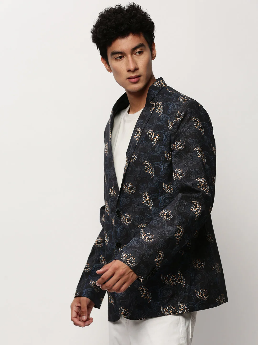 Men Black Printed Notched Lapel Single Breasted Blazer