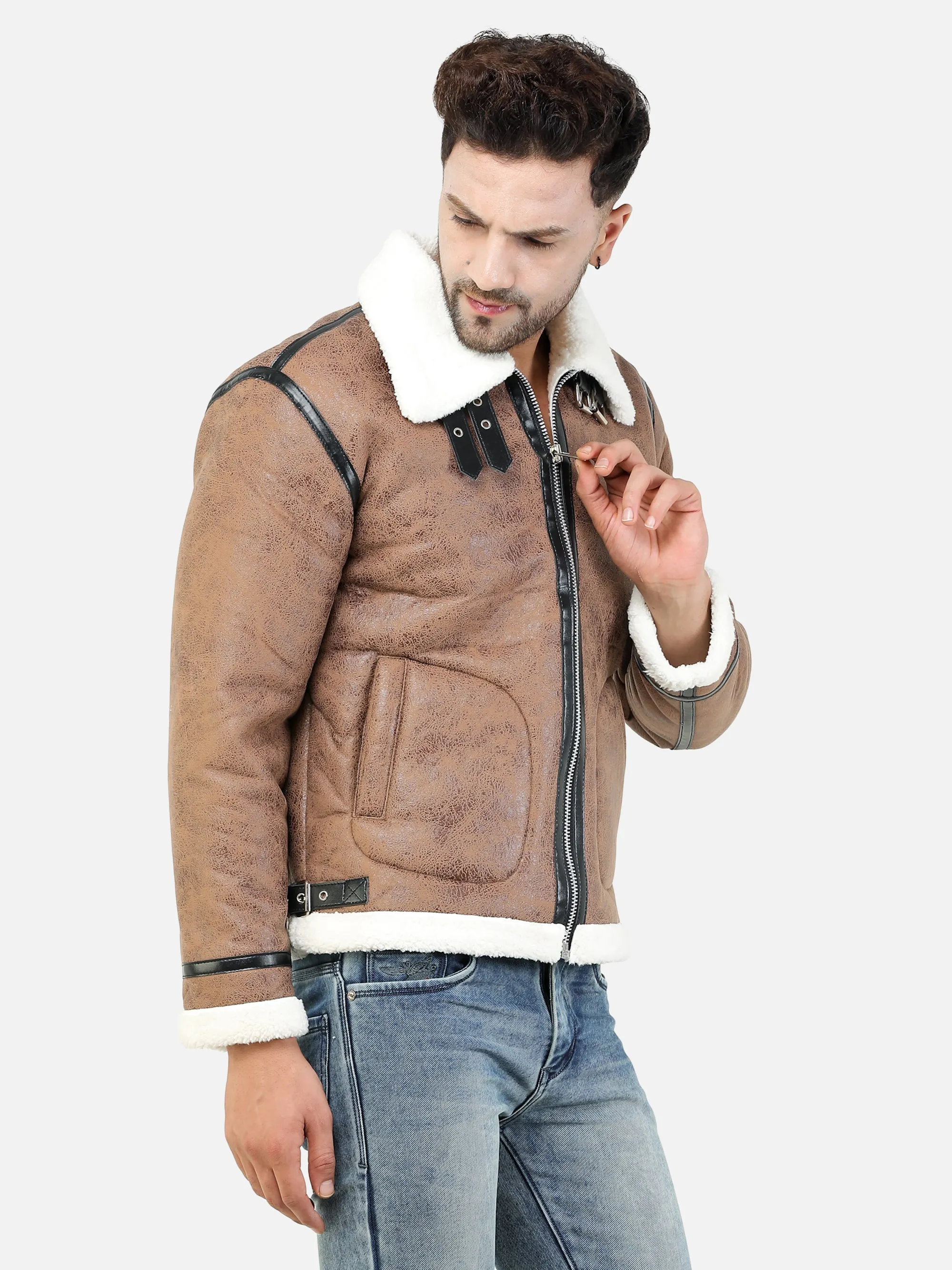 Men Regular Fit Full Fur Lining Faux Leather Brown Jacket