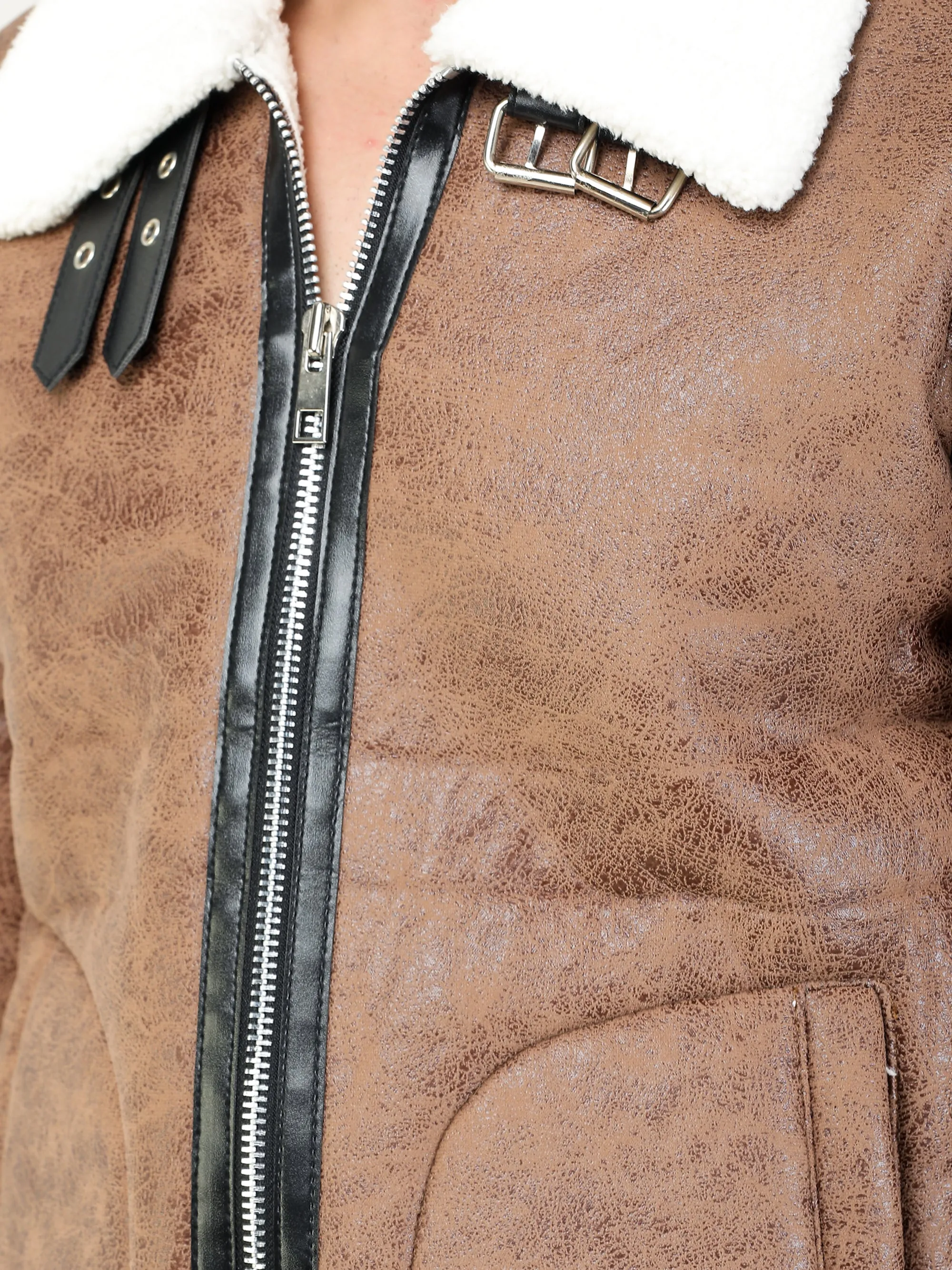 Men Regular Fit Full Fur Lining Faux Leather Brown Jacket