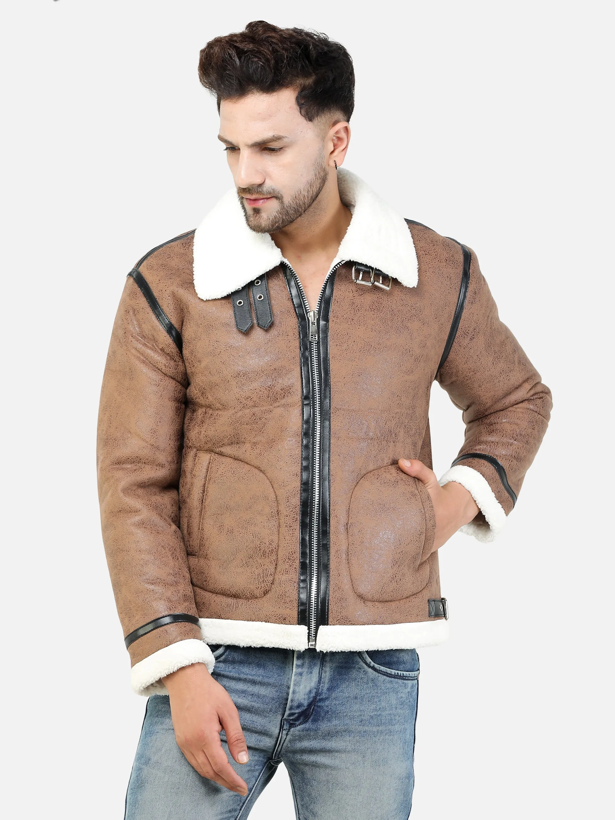 Men Regular Fit Full Fur Lining Faux Leather Brown Jacket