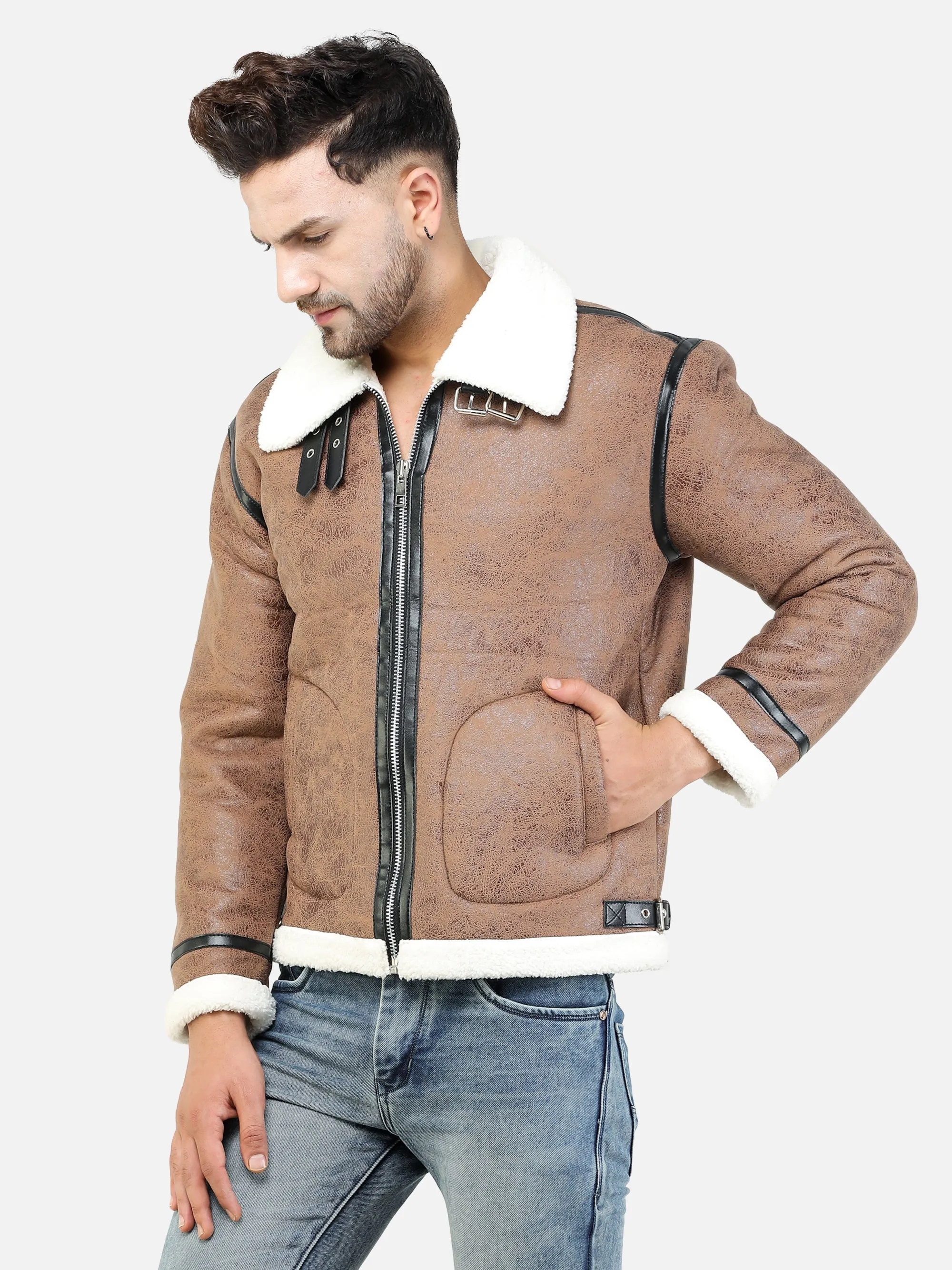 Men Regular Fit Full Fur Lining Faux Leather Brown Jacket