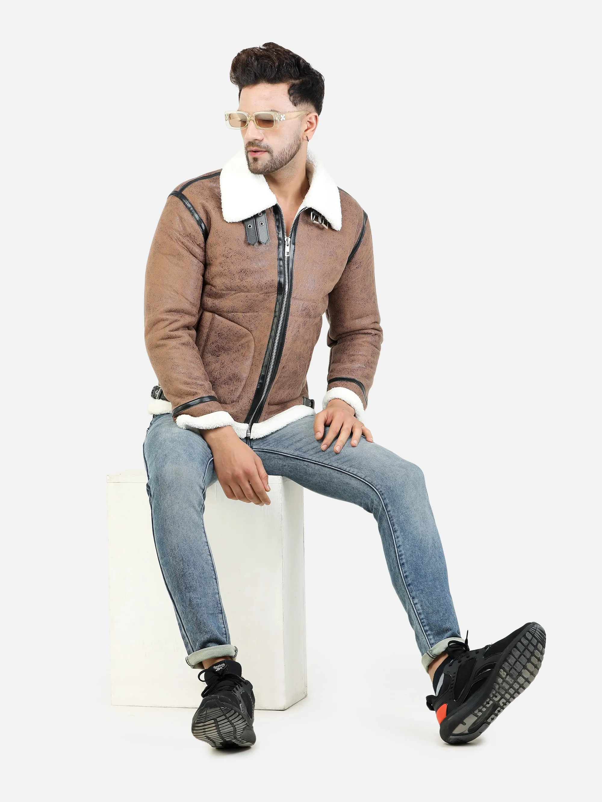 Men Regular Fit Full Fur Lining Faux Leather Brown Jacket